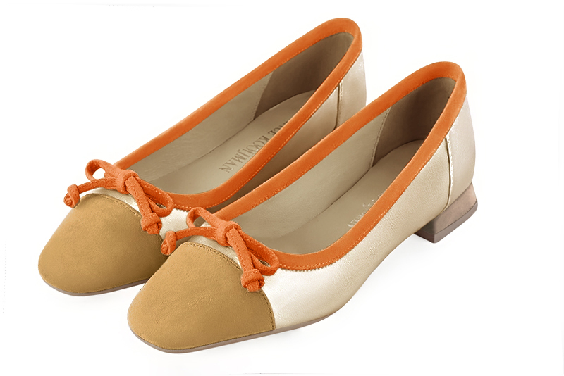 Mustard yellow, gold and apricot orange women's ballet pumps, with low heels. Square toe. Flat flare heels. Front view - Florence KOOIJMAN
